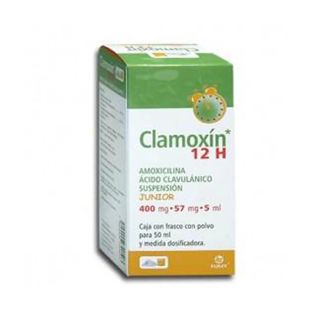 Clamoxín 12H Junior (Amoxicilina/Ác. Clavulánico) 400-57mg/5ml 50ml - Farmacia Humus - Infectología