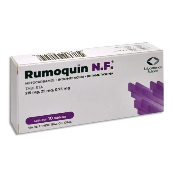 Rumoquin NF (Metocarbamol/Indometacina/Betametasona) 215-25-0.75mg 10tab - Farmacia Humus - Dolor y Fiebre