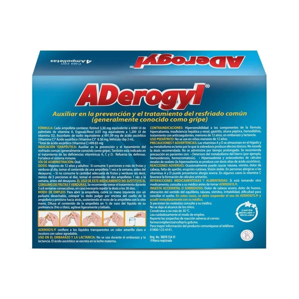 ADerogyl (Retinol/Acido Ascorbico/Ergocalciferol) 3ml 4ampolletas - Farmacia Humus - Vitaminas y Suplementos