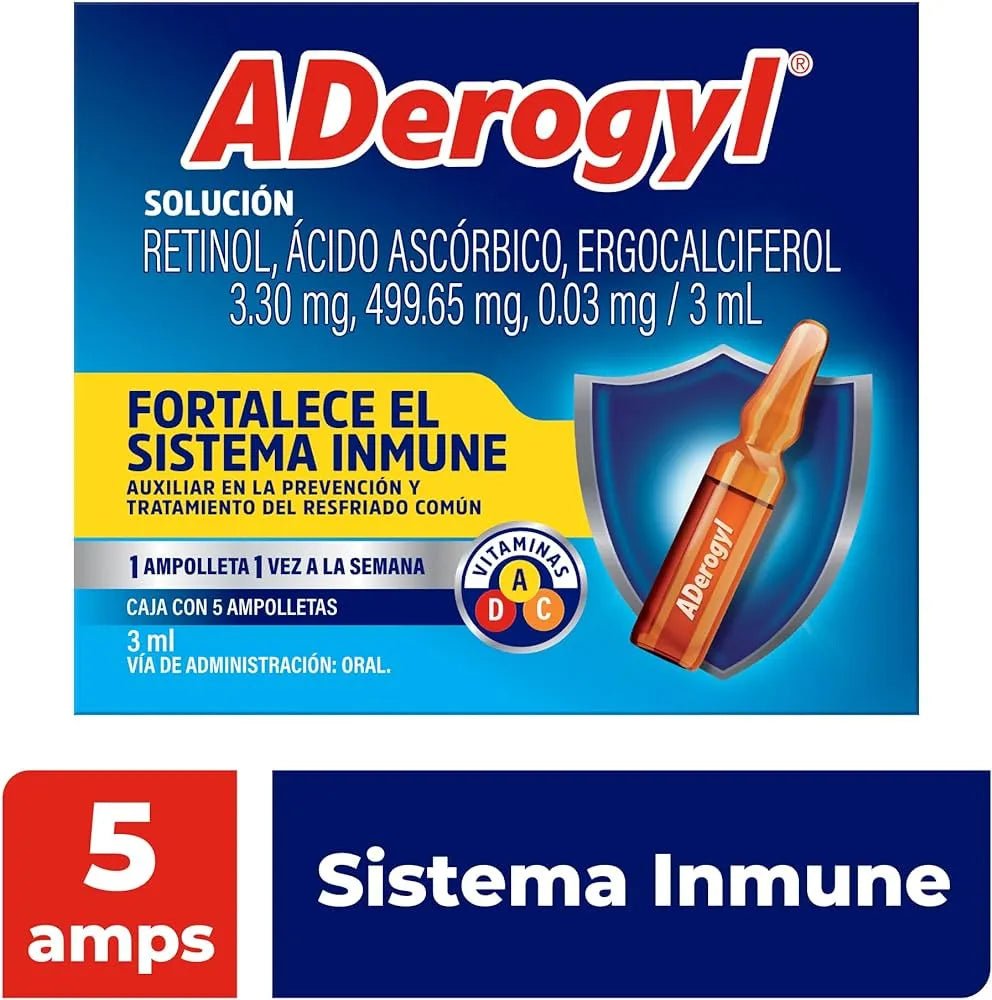 ADerogyl (Retinol/Acido Ascorbico/Ergocalciferol) 3ml 4ampolletas - Farmacia Humus - Vitaminas y Suplementos