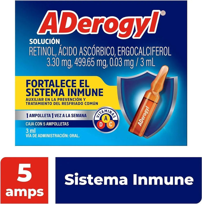 ADerogyl (Retinol/Acido Ascorbico/Ergocalciferol) 3ml 4ampolletas - Farmacia Humus - Vitaminas y Suplementos