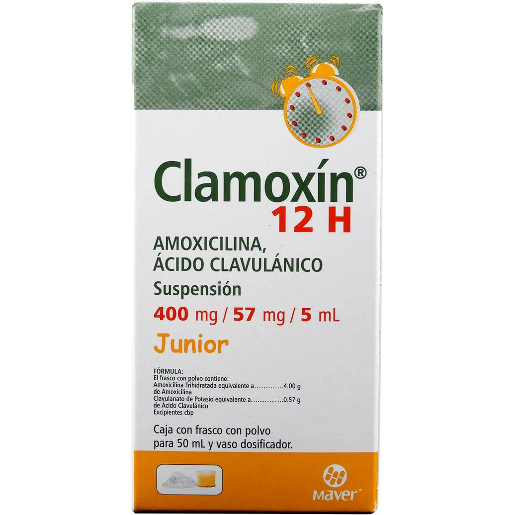 Clamoxín 12H Junior (Amoxicilina/Ác. Clavulánico) 400-57mg/5ml 50ml - Farmacia Humus - Infectología