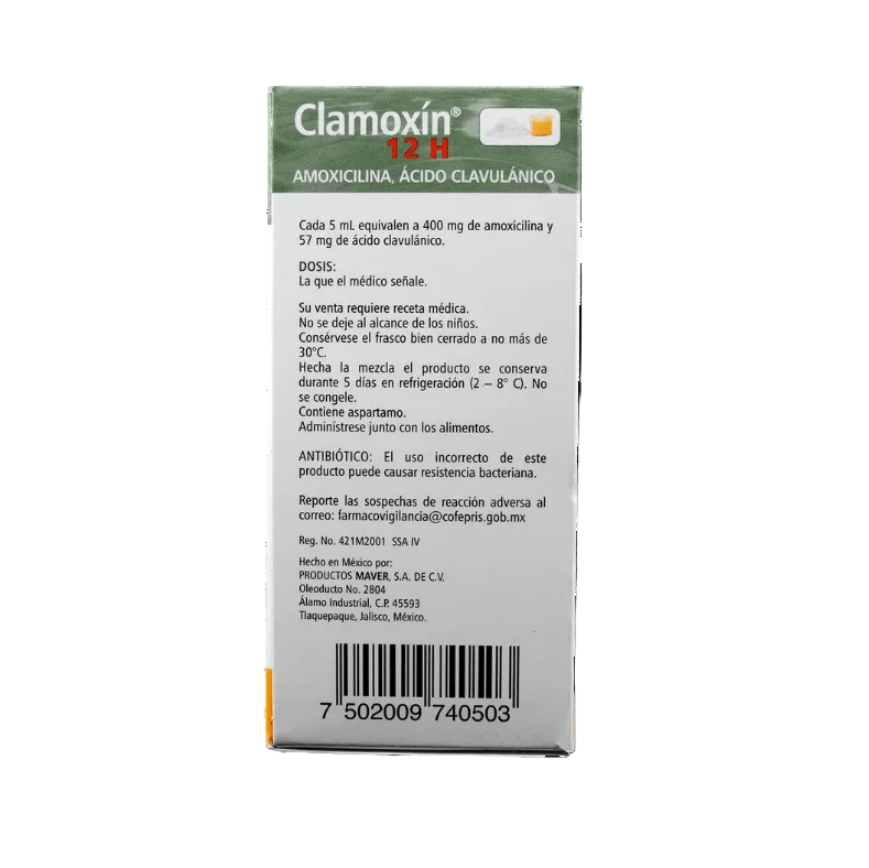 Clamoxín 12H Junior (Amoxicilina/Ác. Clavulánico) 400-57mg/5ml 50ml - Farmacia Humus - Infectología