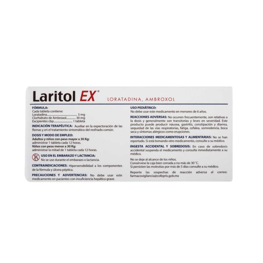 Laritol Ex (Loratadina/Ambroxol) 5/30mg 10tab - Farmacia Humus - Respiratorio
