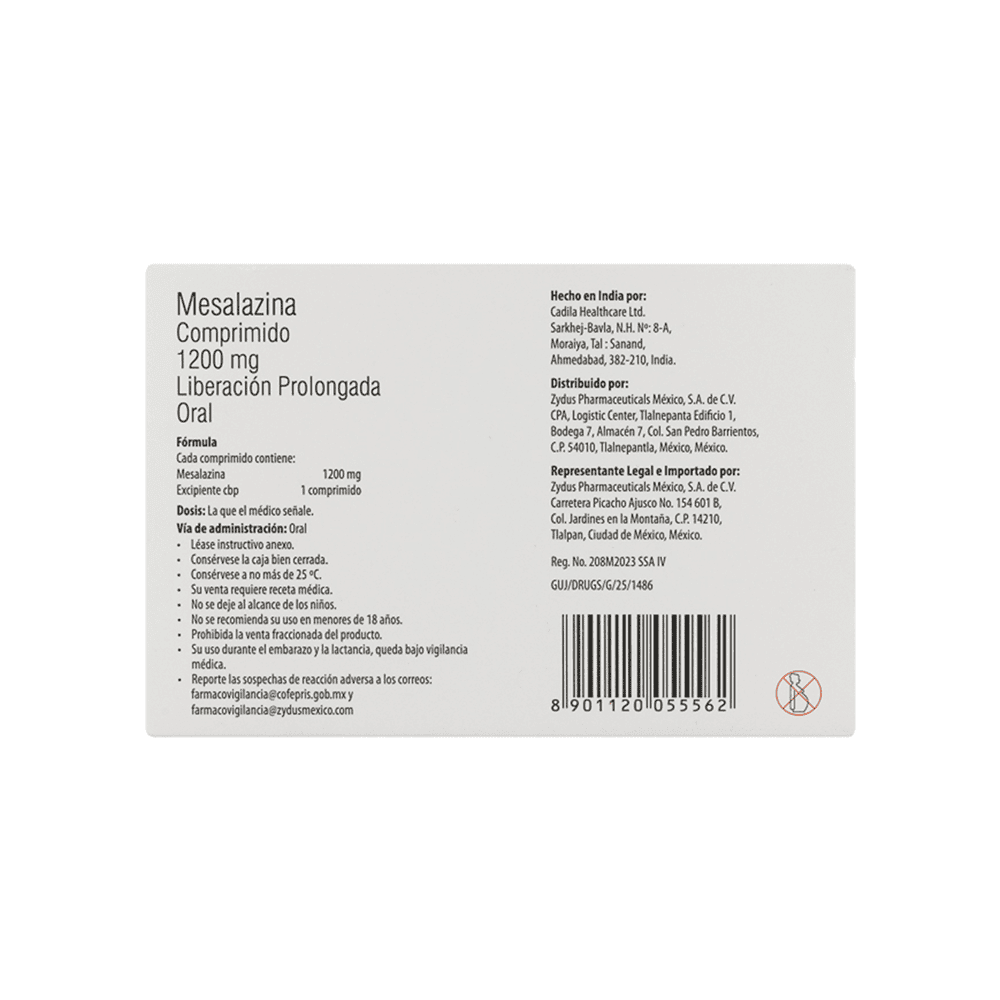 Mesalazina Liberacion Prolongada 500mg 30tab (Zydus) - Farmacia Humus - Gastroenterología (Estomacal)