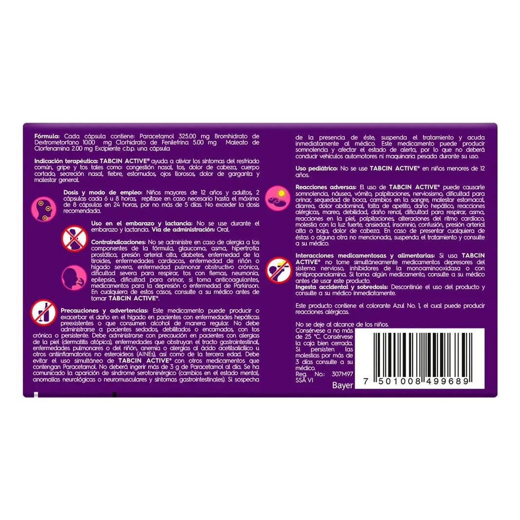 Tabcin Active (Paracetamol/Fenilefrina/Dextrometorfano/Clorfenamina) 12cap - Farmacia Humus - Respiratorio
